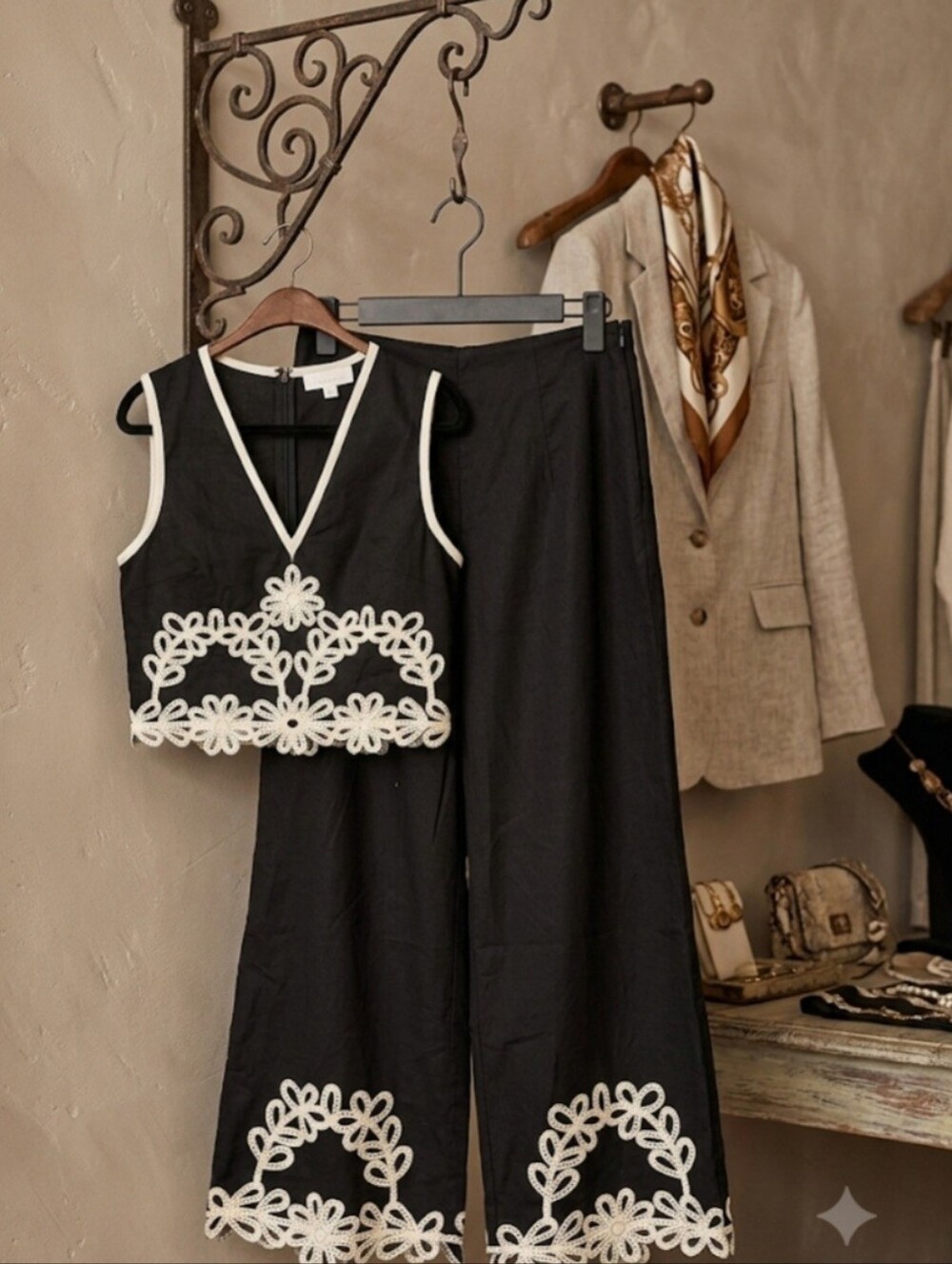 Commense Black Crop Top & Wide-Leg Pants with White Floral Trim